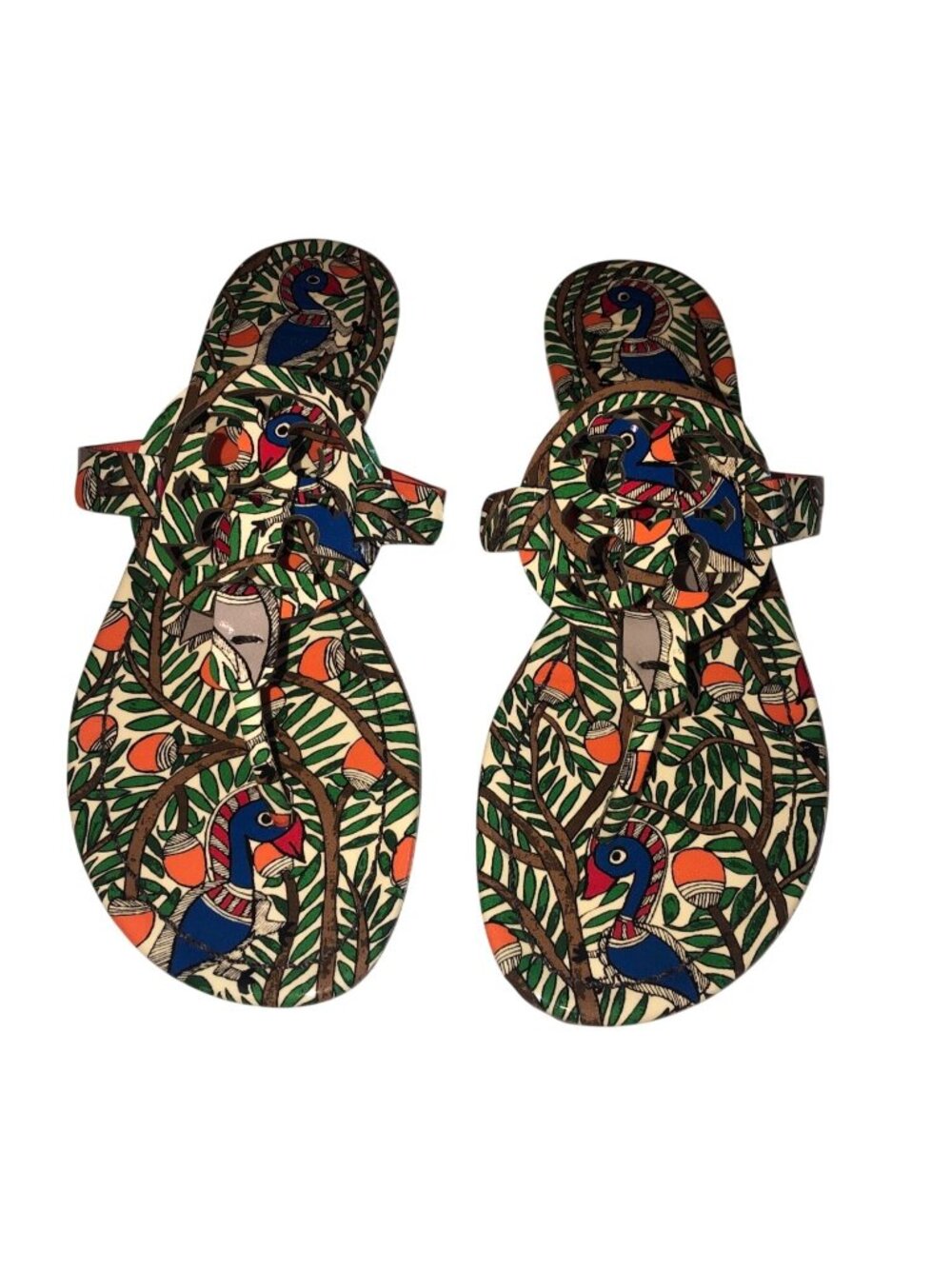 Tory Burch Something Wild Miller Thong Sandals Size 7 Patent Leather Birds Blue